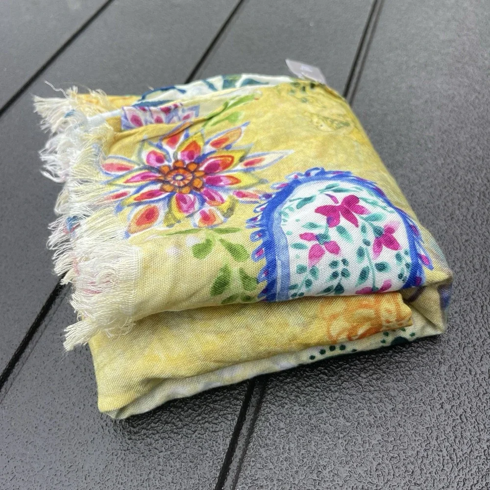 Chico's Floral Paisley Square Scarf Sheer Raw Hem Yellow Multi-Color Lightweight